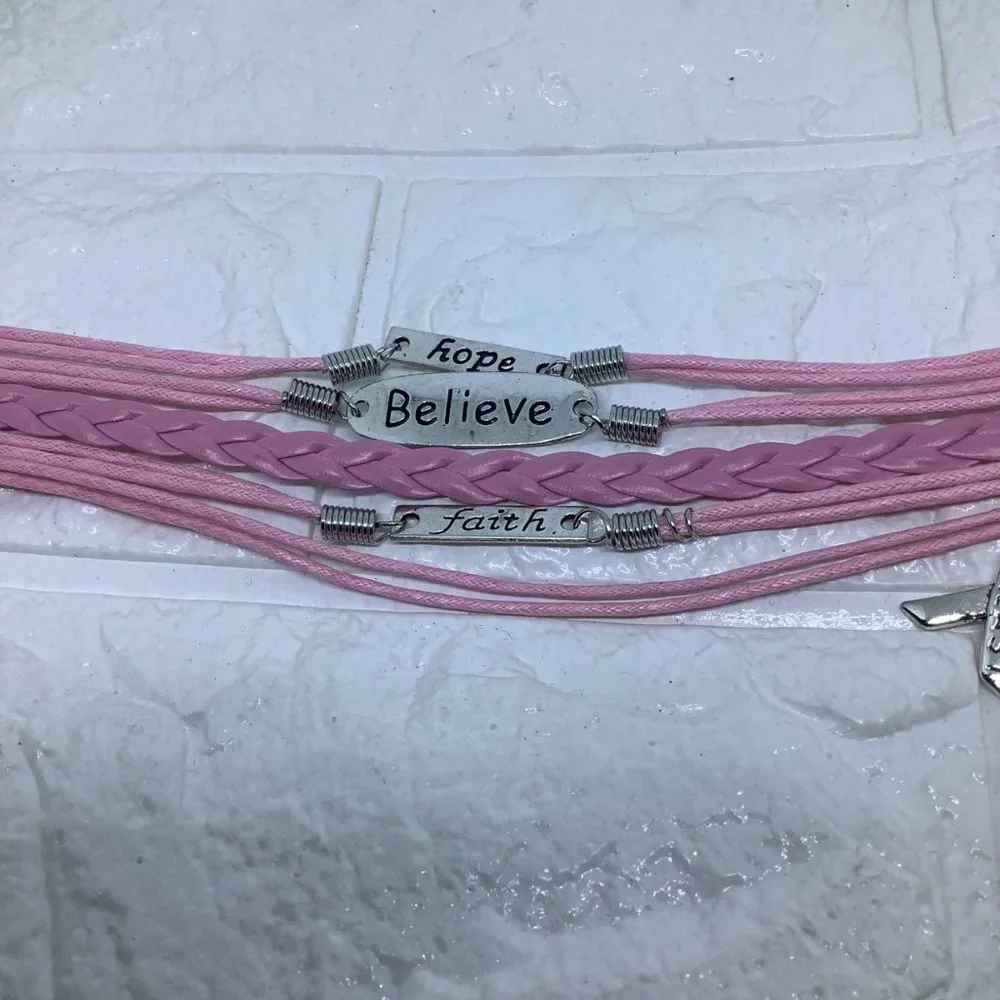 Pink Ribbon Breast Cancer Awareness FAITH BELIEVE HOPE‎ Leather Braided Bracelet